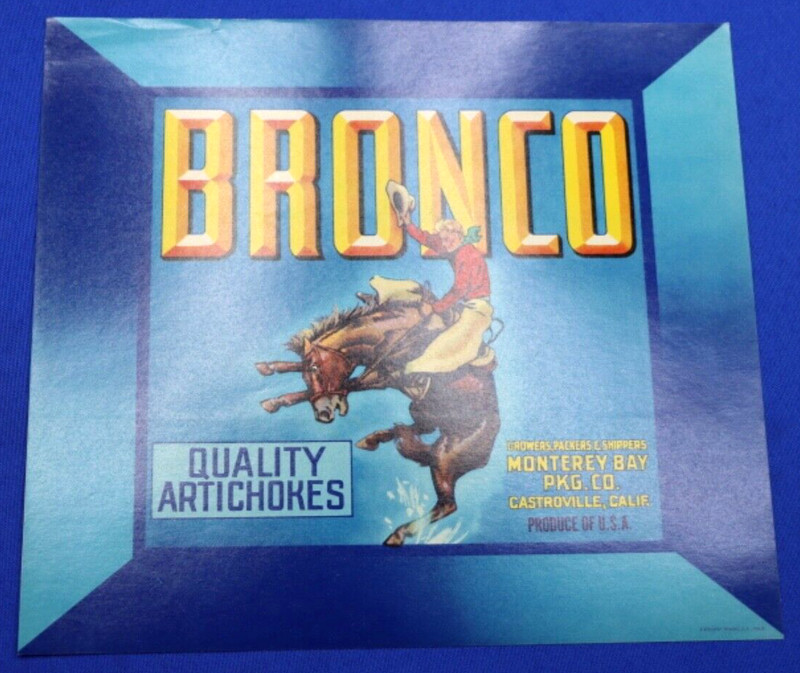 Original Vintage 1940s Bronco Quality Artichokes Crate Label Castroville CA