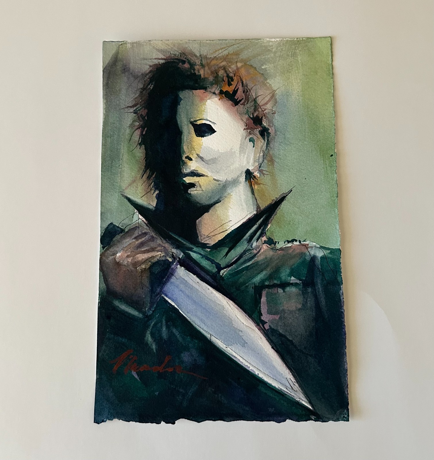 Michael Myers Green Knife Original Art 7.5x11 Watercolors Gary Caradonna