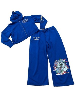 Ed Hardy 2Pc Tracksuit Set Hoodie Pants Blue Tiger Wide Leg Y2K 1X 2X