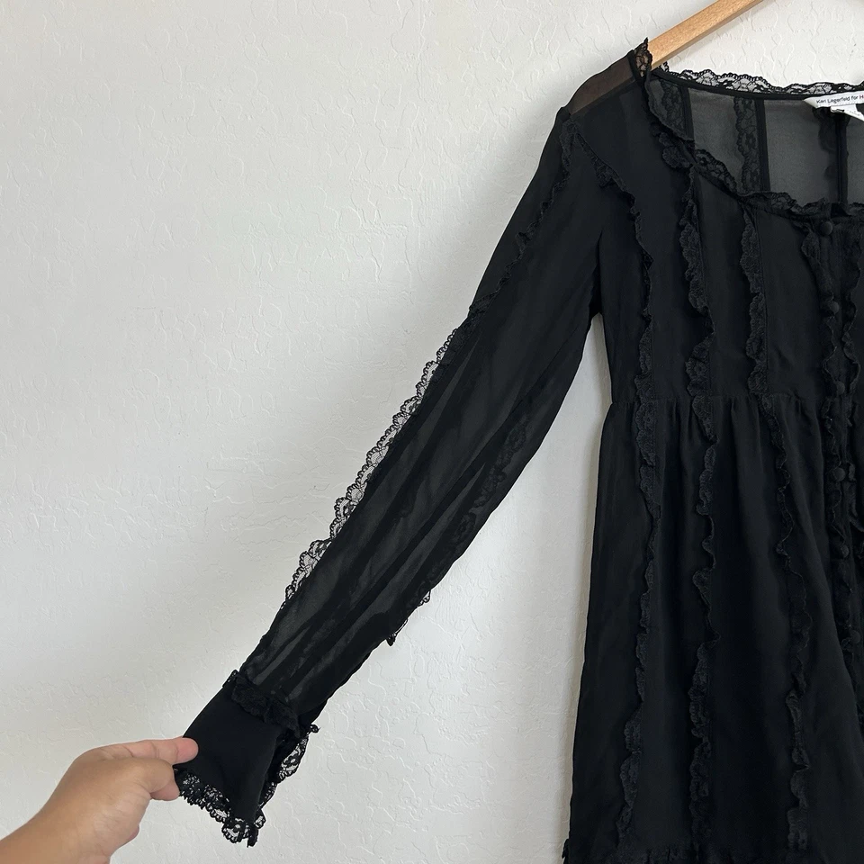 H&M Karl Lagerfeld Dress 8 Mini Silk Long Sleeve Lace Sheer Lined Gothic Black - Image 3 of 4
