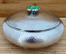 FINE ASIAN HAMMERED 99% SILVER TABLE BOX & FIGURAL INLAID JADE FLOWER HANDLE