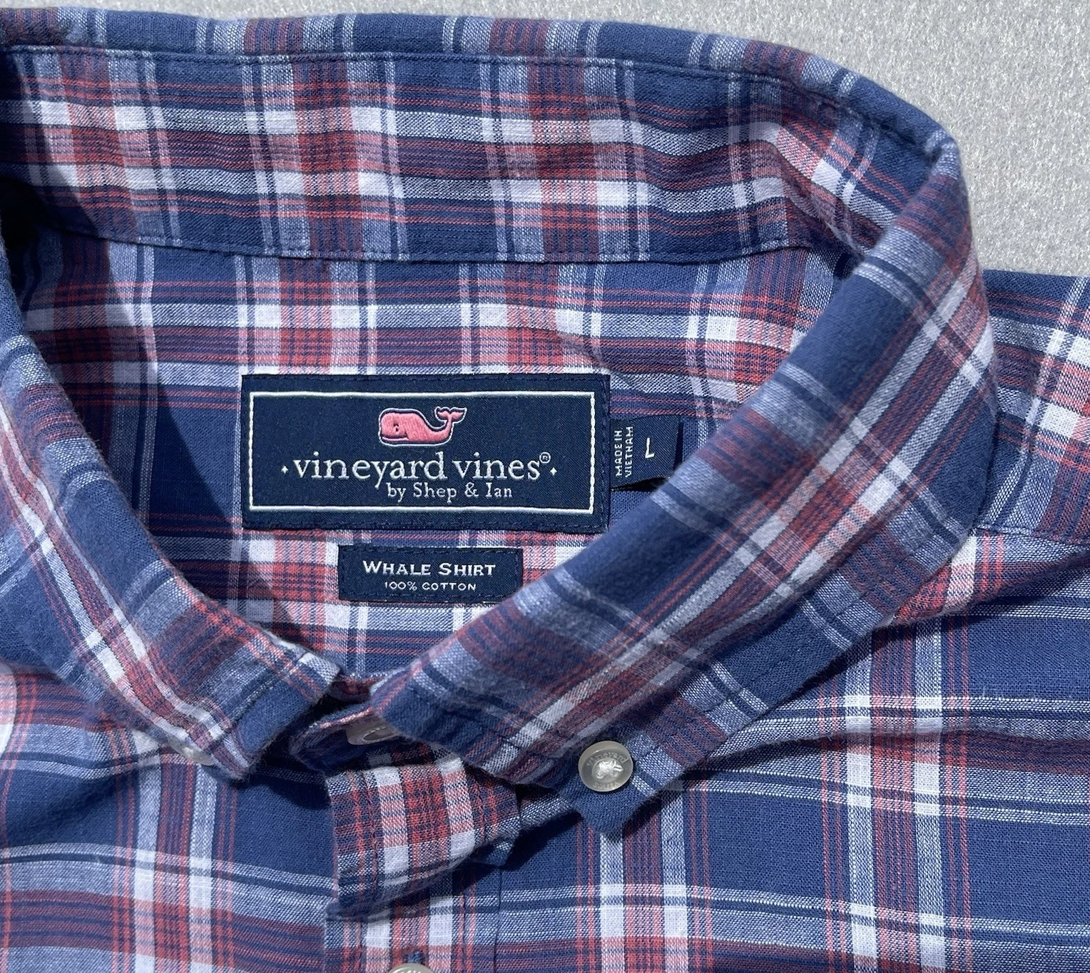 Vineyard Vines Shirt Mens Large Blue Pink Button Down Cotton Casual Whale