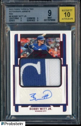 2023 Panini Three & Two Red Bobby Witt Jr Player-Worn Patch 1/4 BGS 9 w/ 10 AUTO