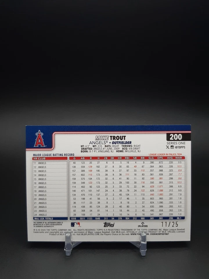 2025 Topps Series 1 Mike Trout Real One Auto ORANGE /25 Los Angeles Angels SP - Image 2 of 2