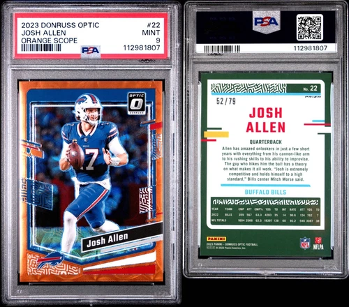 đź’Ą2023 DONRUSS OPTIC JOSH ALLEN ORANGE SCOPE PRIZM /79 MINT PSA 9đź’Ą