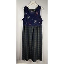 Vtg Bobbie Brooks Jumper Dress Womens L 12/14 Plaid Snowflake Winter Art Teacher