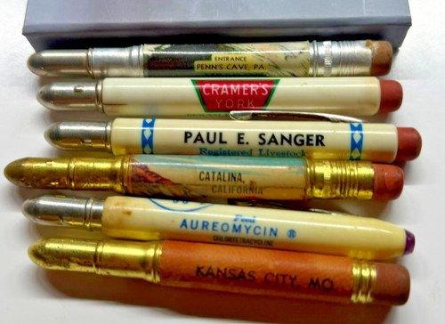 1637 - 6 Vintage Farm, Destination, Auctioneer, Cities, Cyanamid Bullet Pencils!