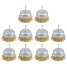 3 Inch Wire Cup Brush Brass Plated Crimped Steel with 1/4-inch Shank 10Pcs