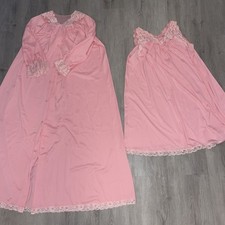 Vintage Shadowline Gown Robe Set S pink Lace Trim Nylon Nightgown Rosebuds
