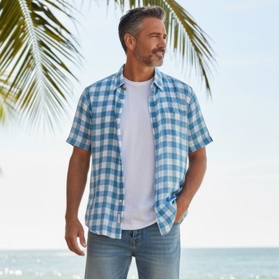 LL Bean Mens LINEN Short Sleeve Button XL Shirt Blue Green Plaid Summer Coastal