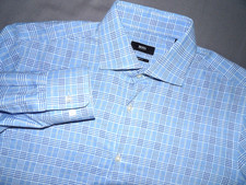HUGO BOSS Long Sleeved 100 Cotton Blue Plaid Button Up Dress Shirt Men's 16 1/2
