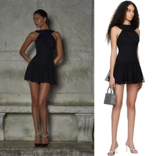 Mirror Palais | NWT Double Cowl Mini Dress in Noir Black Silk Chiffon S