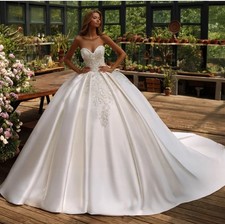 Satin Ball Gown Wedding Dress Sleeveless Beading Pearls Off The Shoulder Bridal