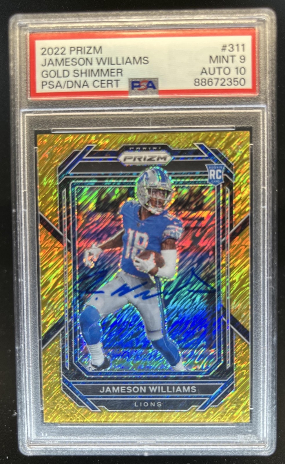 2022 Panini Prizm Jameson Williams RC Auto Gold Shimmer #/10 Lions PSA 9 10 view 1