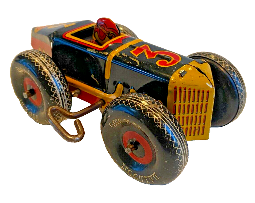 Vintage Marx #3 Tin Litho Racer Windup Race Car w/ Driver & Balloon Tires