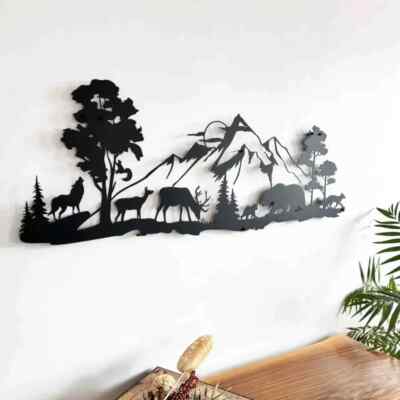 Hirsch Bär Wolf Berg Landschaft Metall Schwarz Wand Fenster Bild Deko Schild