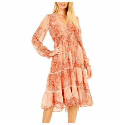 NWT JUST…TAYLOR Orange And Cream Colored Chiffon Midi Dress. SZ 16