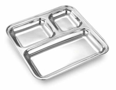 Stainless Steel Three Section Compartment Pav Bhaji Rectangular Plate India
