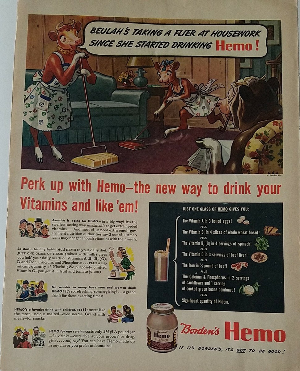 1943 Borden's Hemo vitamins milk drink Elsie Elmer Beulah
