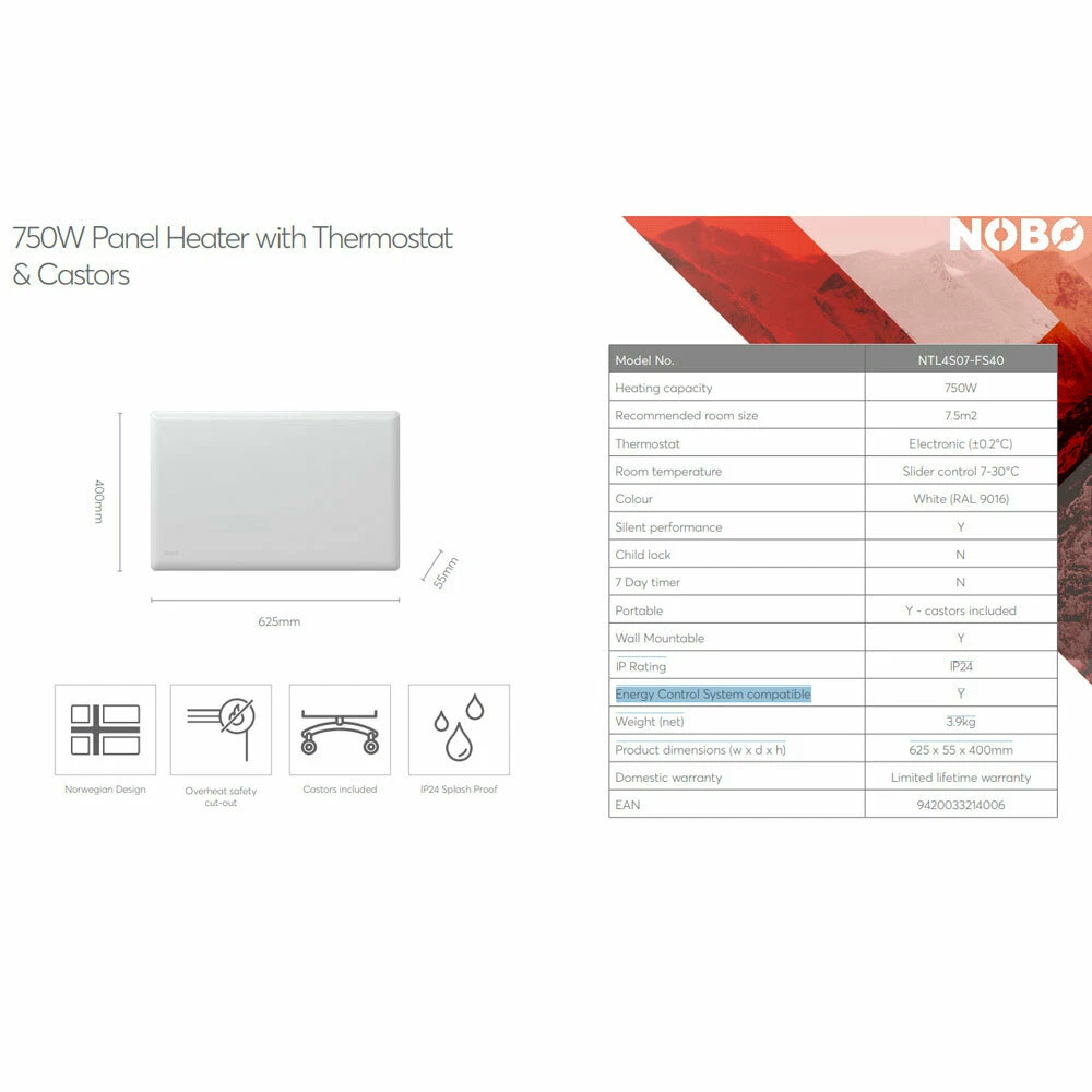 Nobo 750W Slimline Panel IP24 Portable Indoor Heater w/ Castors/Thermostat  White 7030690104859 | eBay