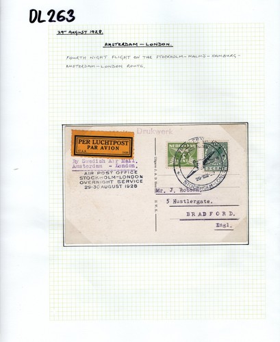 NETHERLANDS GB NIGHT FLIGHT Card Air Mail Amsterdam Yorks Bradford 1928 DL263 - Picture 3 of 6
