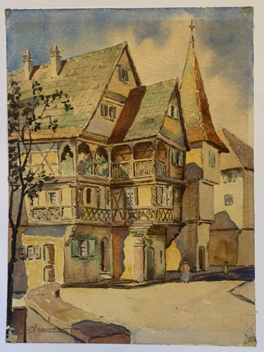 Watercolour Architecture Town Village Place Eglise Woman Dress Alsace P.Laudon? - Picture 2 of 12