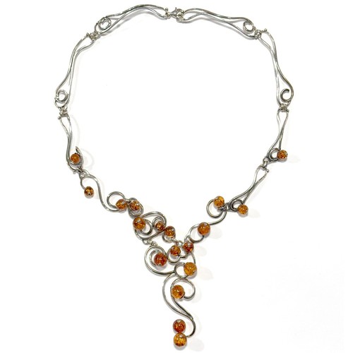 925 Solid Sterling Silver Cognac Baltic Amber Large Grapevine Necklace 21 in
