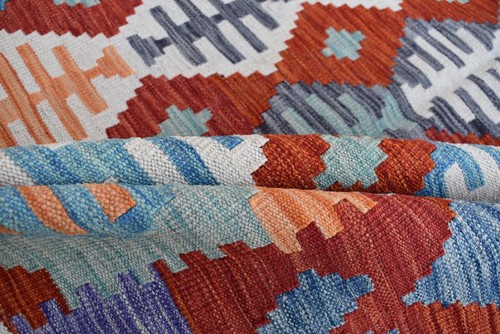 Blue Flatweave Afghan Area Kilim Rug 7x10 Red Geometric Persian Wool Tribal Rug - Picture 7 of 10