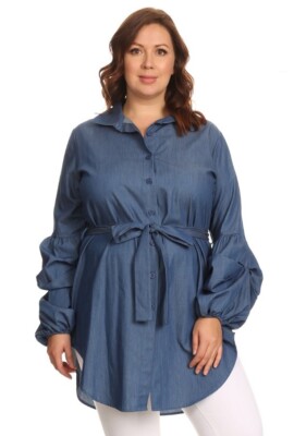Plus Size Blue Chambray Denim Belted Shirt Tunic Top  Puff Bell Sleeve 2X 2XL