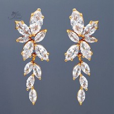 Bridal Drop Dangle Earrings Cubic Zirconia Gold Plated Leaf Floral Wedding 522
