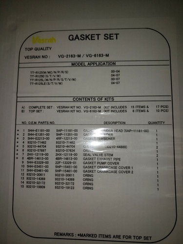 Vesrah - VG-6163-M - Top End Gasket Kit. Yamaha TTR-125  2000-2007 - Picture 2 of 3