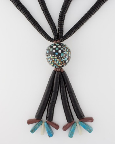 Double-Strand Heishi Necklace With Multi-Color Stone Inlay Pendant - Bild 3 von 7
