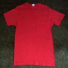 VTG Fruit of the Loom Single Stitch Red Pocket T-Shirt Medium Made in USA -Flaw-