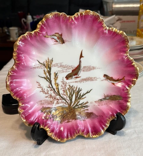Antique Limoges Lutherz Plate with Gold Rim Dark pink Under the Ocean  1880-1890