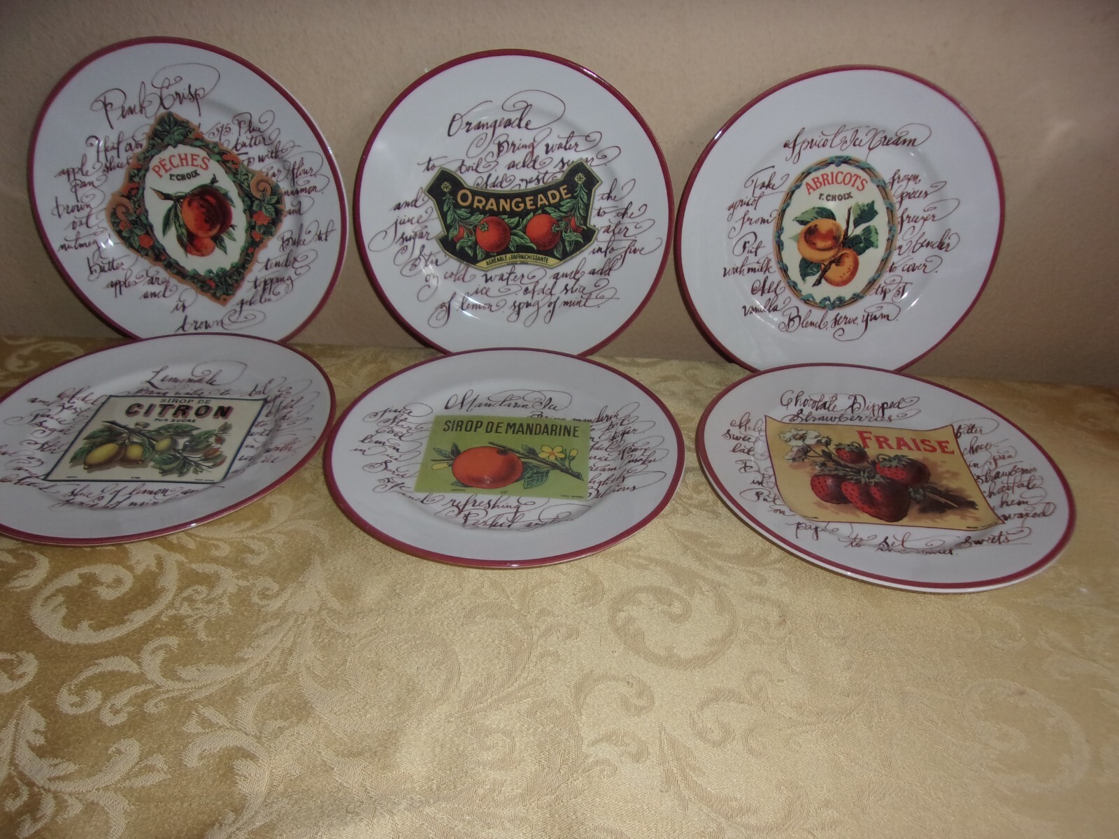 Set Of 6 Williams Sonoma Rosanna Harvest Market Fruit Label Plates - MINT!