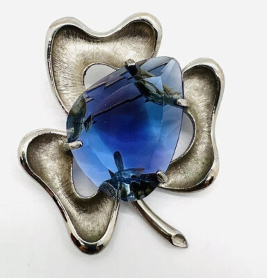 Huge BSK Blue Givre Glass Stylized 3 Leaf Clover Brooch Signed Vintage Jewelry