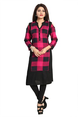 Schwarz/rosa Karo Viskose Baumwolle Long Tunika Kurti Kurtis Tops Schulterfrei 