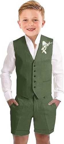 Linen Boy‘s Suit Summer Beach Short Pants Vest Casual Slim Fit Tuxedo Two Pieces - Picture 14 of 18
