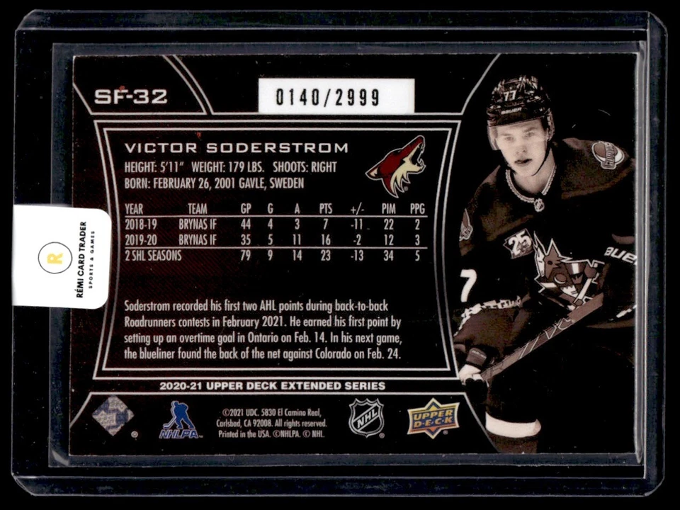 2020-21 Upper Deck Extended Series SPx Finite Victor Soderstrom 0140/2999 #SF-32 - Image 2 of 2
