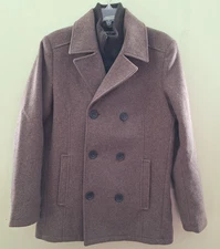 Kenneth Cole Men Brown Wool Blend Pea Coat SM Full Zip Double Button Very Nice!