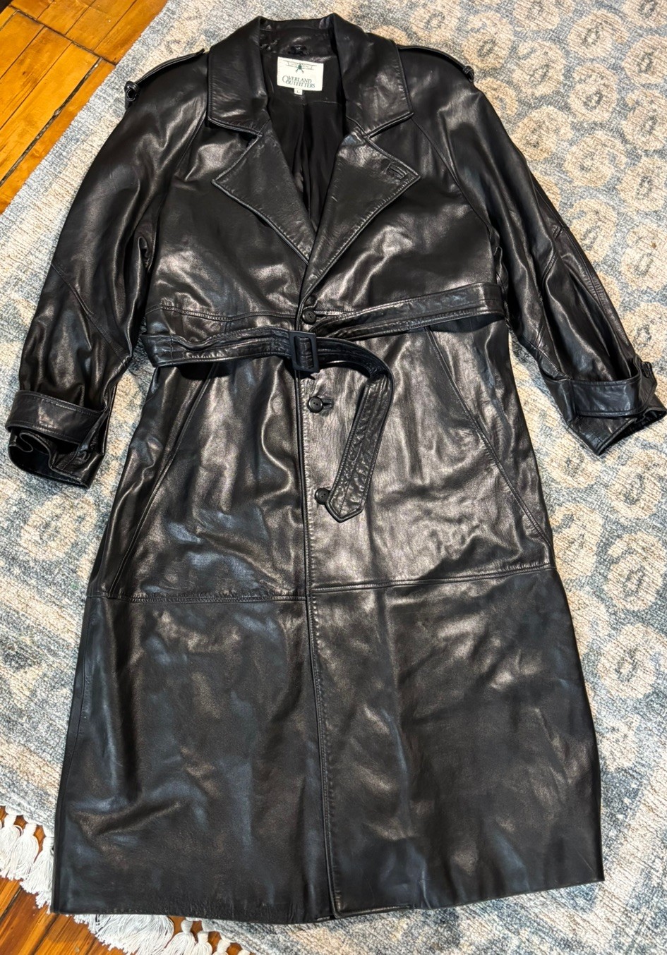 Vintage Black Leather  Overland Outfitters Trench Coat Size L Button Belt USA