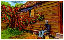 Old Plantation Cabin Down South Man Seated on Bench Vtg Linen Postcard