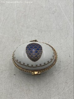 Romanov White Gold Blue Egg Shaped Small Trinket Box With Hinged Lid