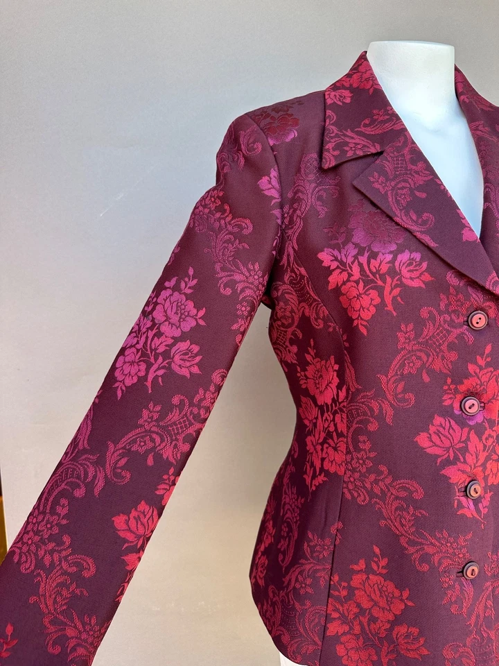 Blazer DANA BUCHMN Rojo Brocado Talla 12 Bolsillos Cuello Botón Frontal Lana Seda Foto 3 de 4