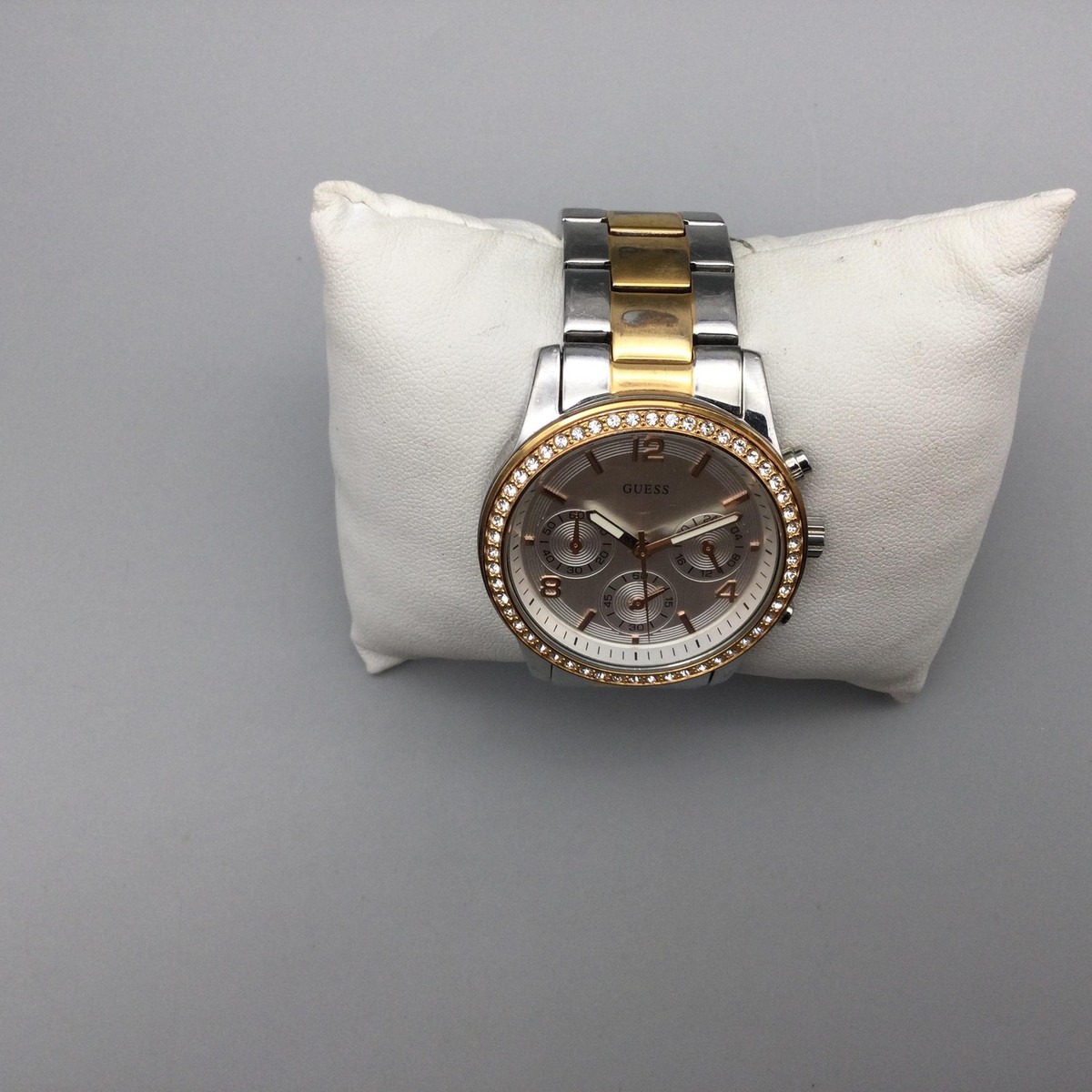 Guess Silver w/Crystals Chronograph Watch Without Band, Needs New Battery. Used Guess Chronograph Watch 38mm Silver Gold Crystal Date New  main image 2