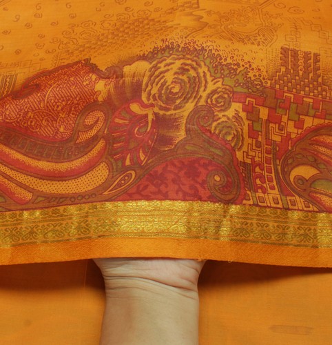 Sushila Vintage Mustard Saree 100% Pure Silk Printed 5 Yard Soft Craft Fabric - Picture 7 of 9