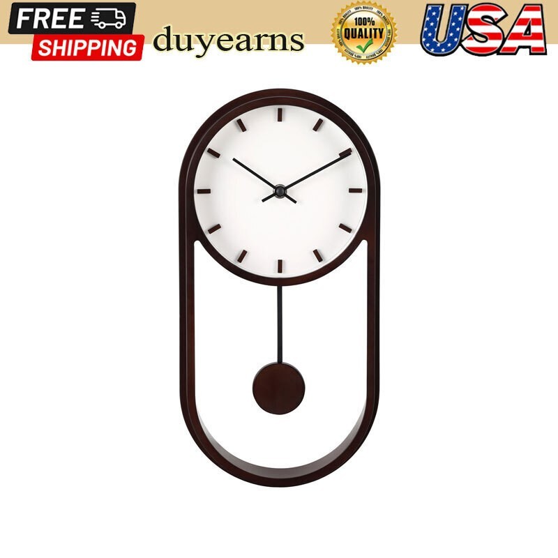 Indoor Faux Wood Swinging Pendulum Analog Wall Clock Glass Lens Living Room Home