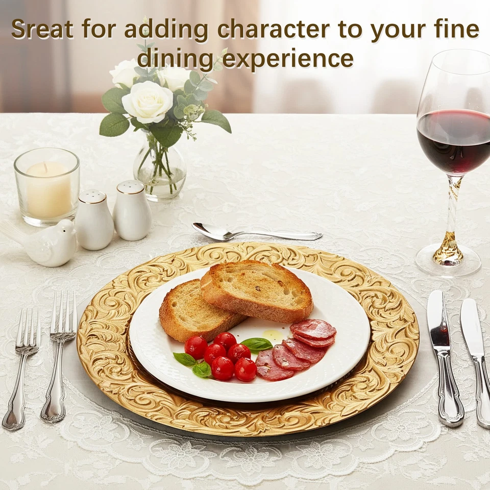 Pratos carregador decorativos de ouro 13" reutilizáveis redondos placemat para festa de casamento - Imagem 4 de 4