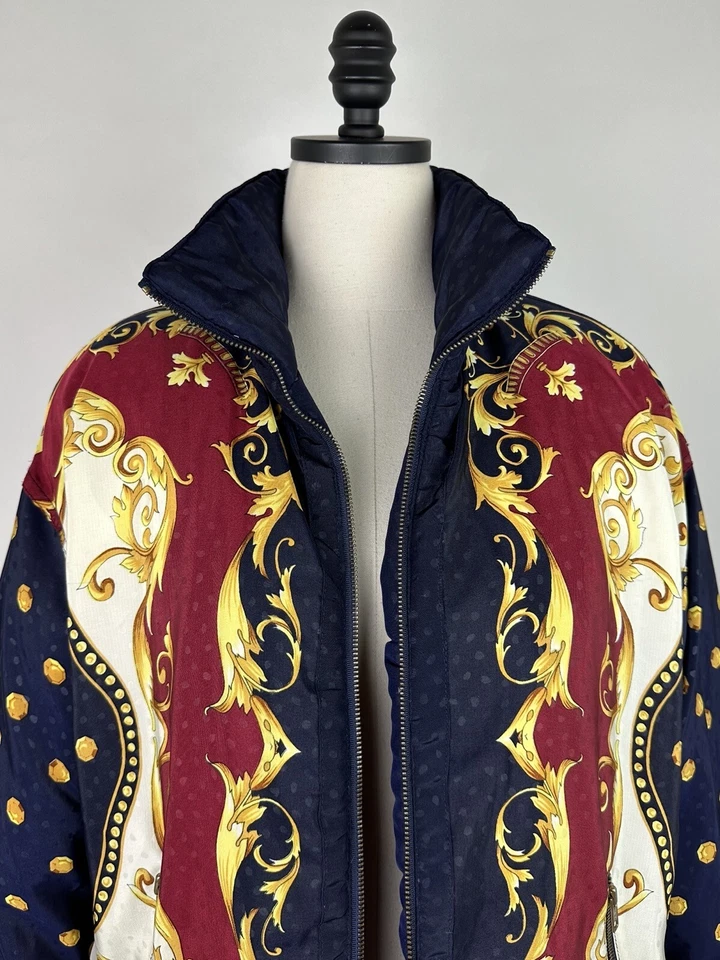 Chaqueta acolchada vintage años 90 para mujer pequeña relleno barroco lunares azul marino Foto 4 de 4