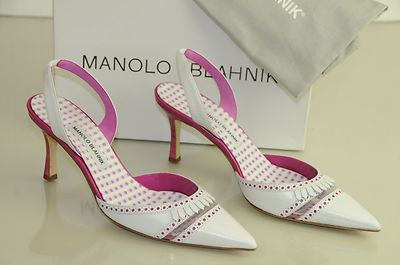 $945 New Manolo Blahnik PETARDA White Pink Dots Carolyne Heels Shoes Pumps 40.5 